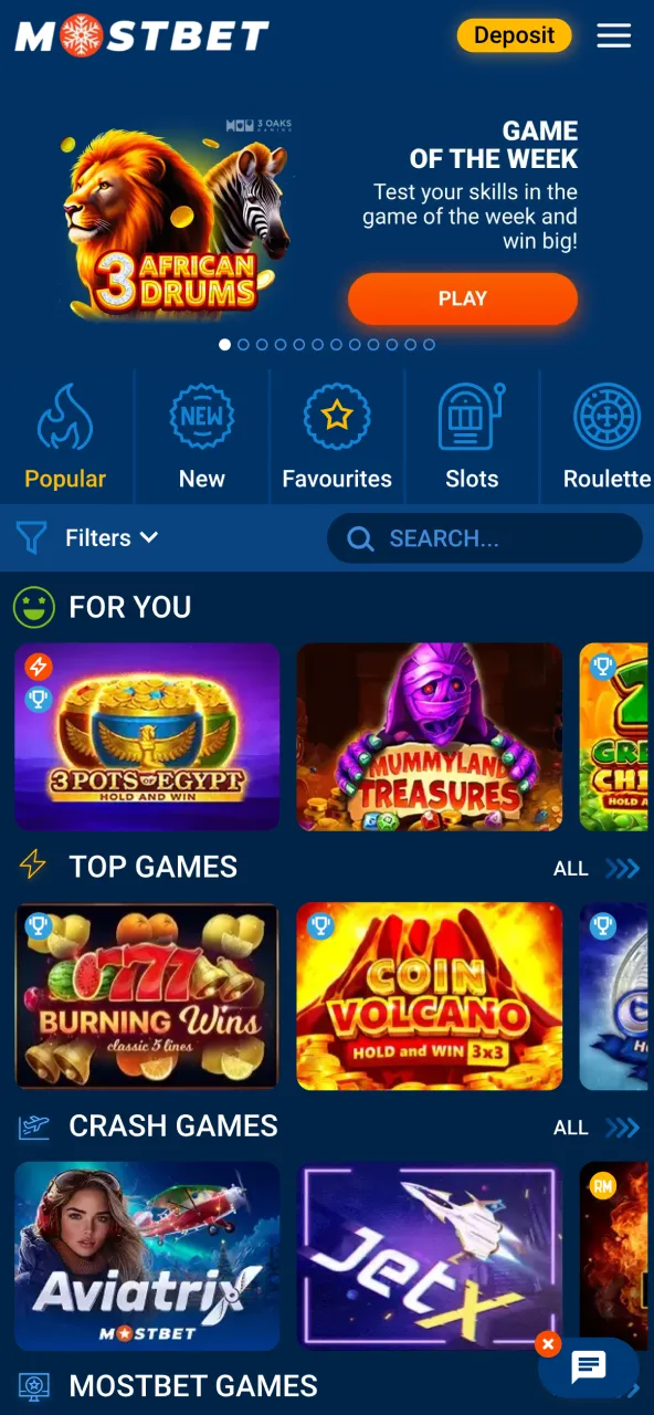 Mostbet casino section featuring top slot and table games.