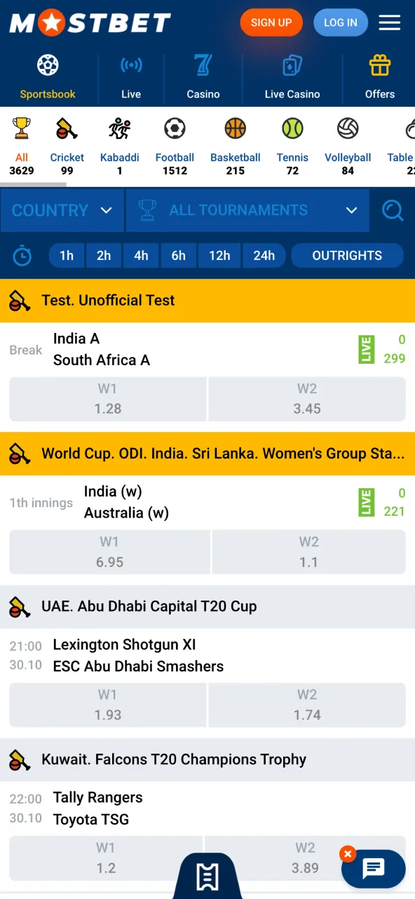 Overview of sports disciplines in Mostbet with live odds and match listings.