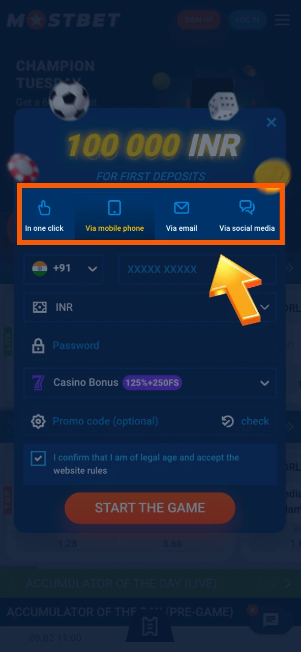 Choose an Account Creation Method to start your Mostbet Registration journey.